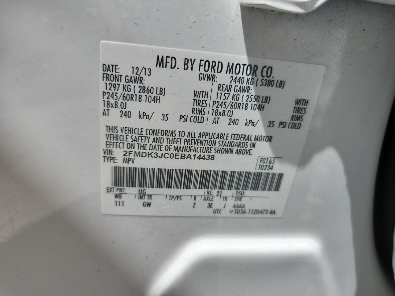 2014 Ford Edge Sel VIN: 2FMDK3JC0EBA14438 Lot: 71468055