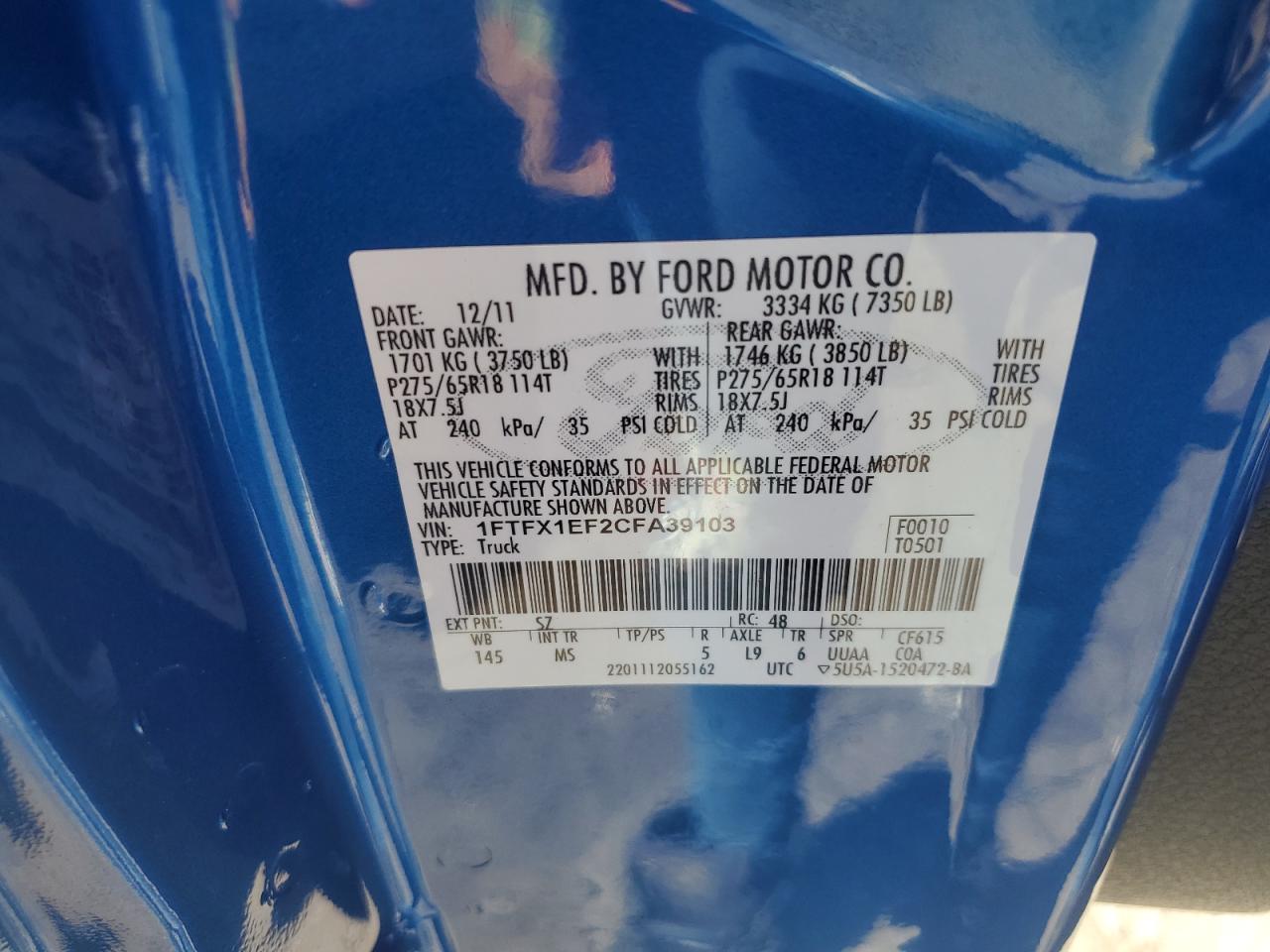 2012 Ford F150 Super Cab VIN: 1FTFX1EF2CFA39103 Lot: 81941395