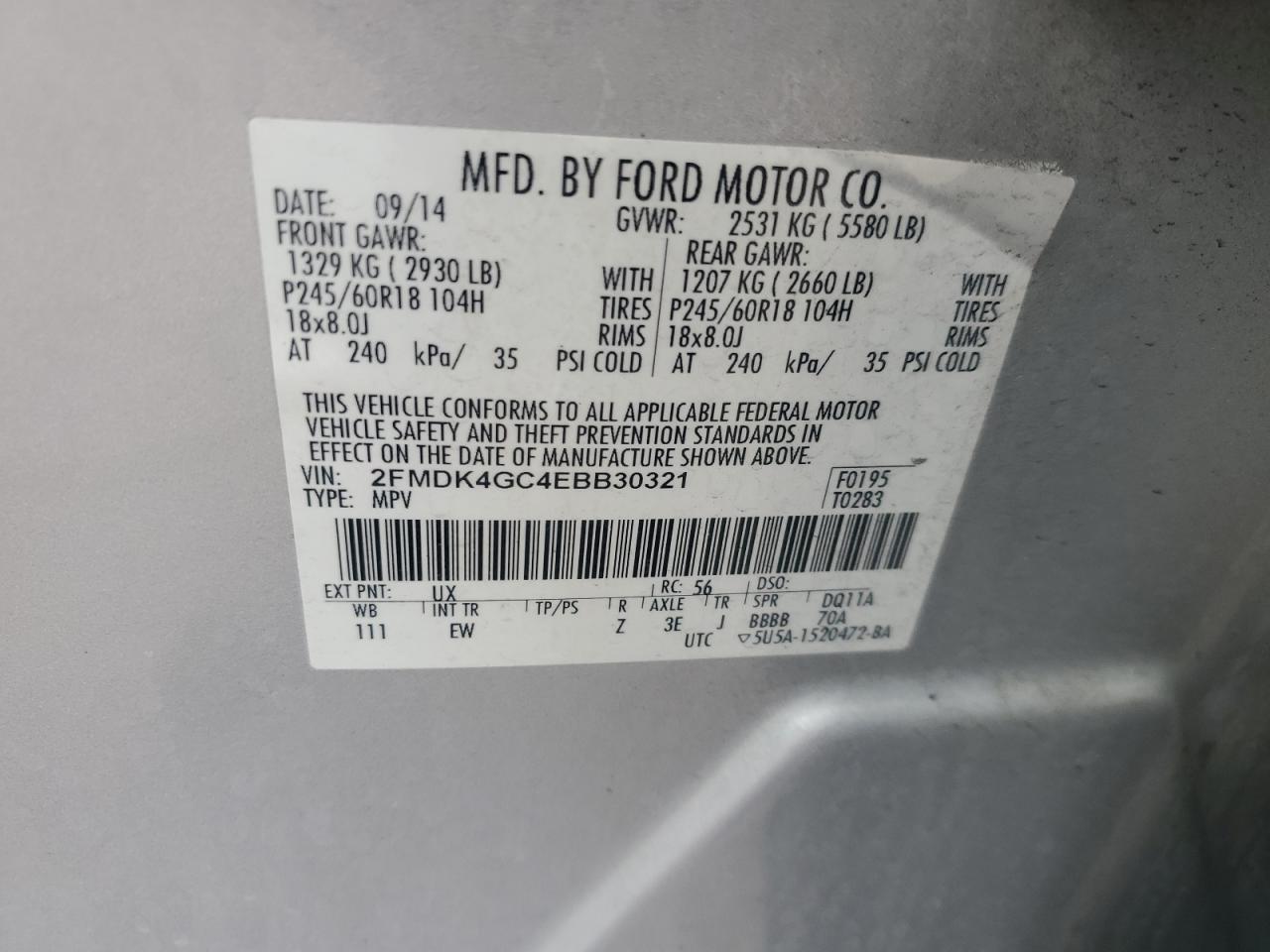 2014 Ford Edge Se VIN: 2FMDK4GC4EBB30321 Lot: 81233705