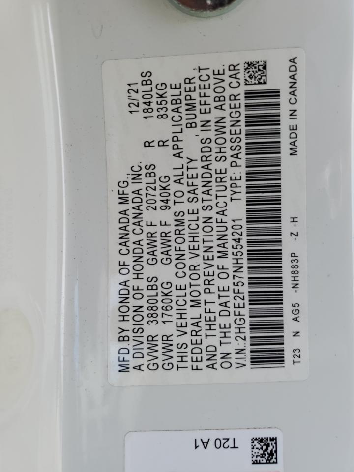 2022 Honda Civic Sport VIN: 2HGFE2F57NH554201 Lot: 80598925