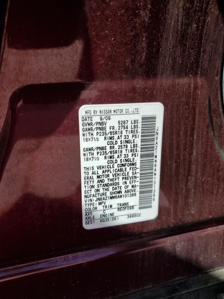 2010 Nissan Murano S VIN: JN8AZ1MW6AW101366 Lot: 83867165