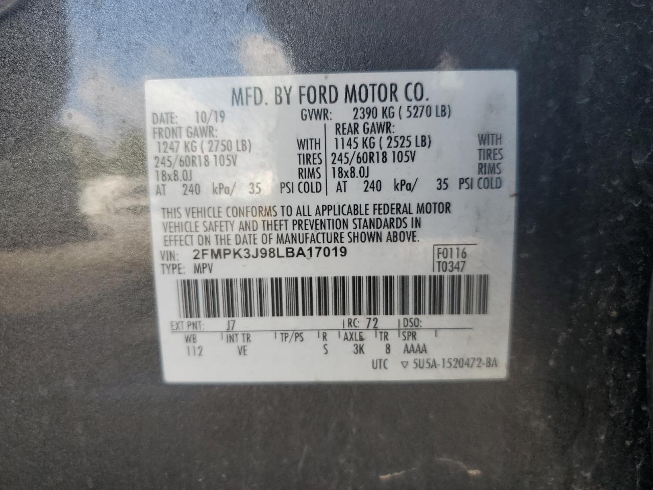 2020 Ford Edge Sel VIN: 2FMPK3J98LBA17019 Lot: 81303365