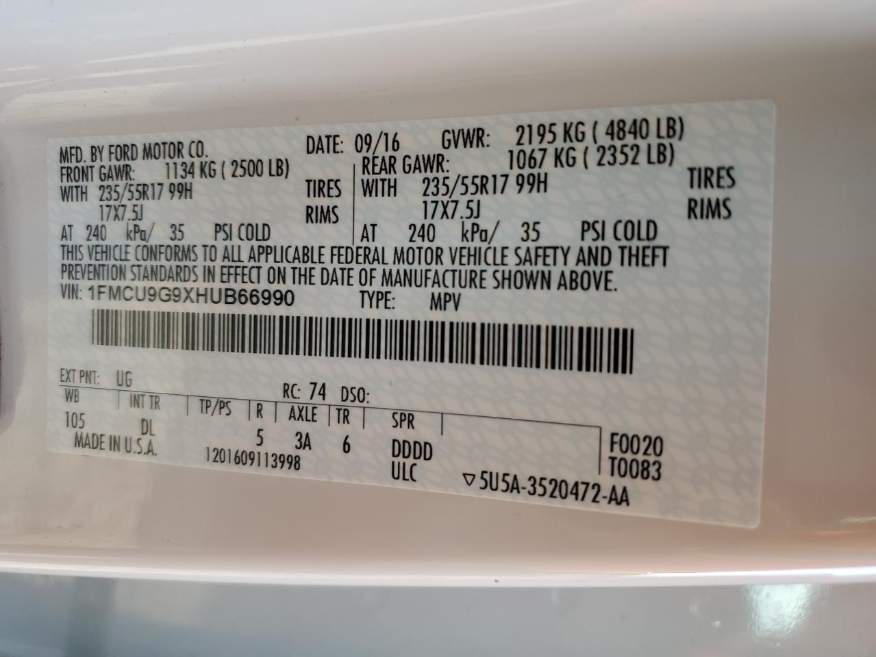 2017 Ford Escape Se VIN: 1FMCU9G9XHUB66990 Lot: 81437195