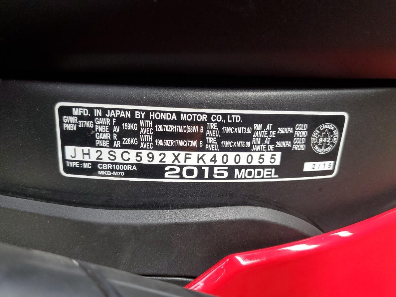 2015 Honda Cbr1000 Ra VIN: JH2SC592XFK400055 Lot: 80855205