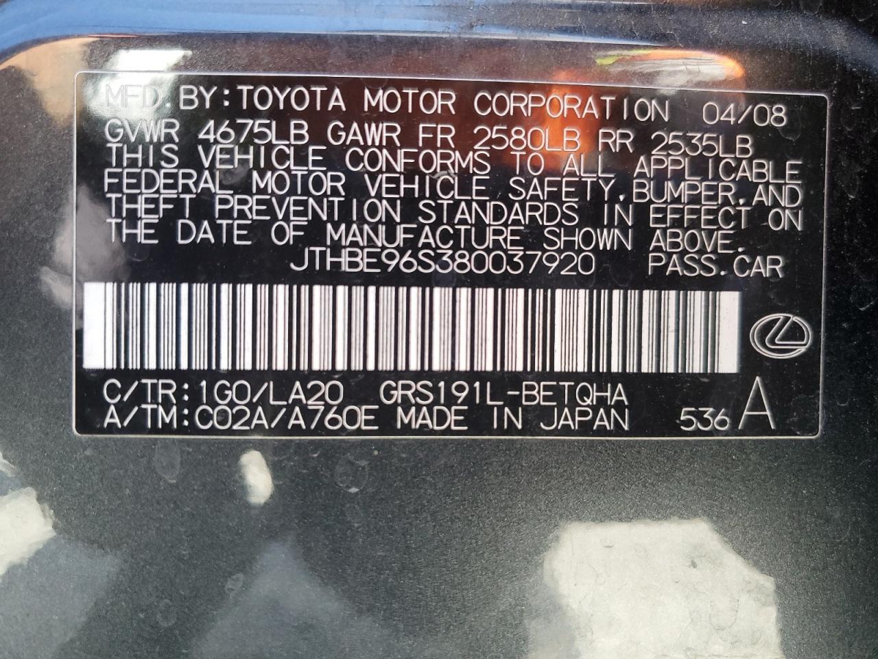 2008 Lexus Gs 350 VIN: JTHBE96S380037920 Lot: 80017095