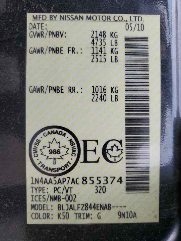 2010 Nissan Maxima S VIN: 1N4AA5AP7AC855374 Lot: 80316465