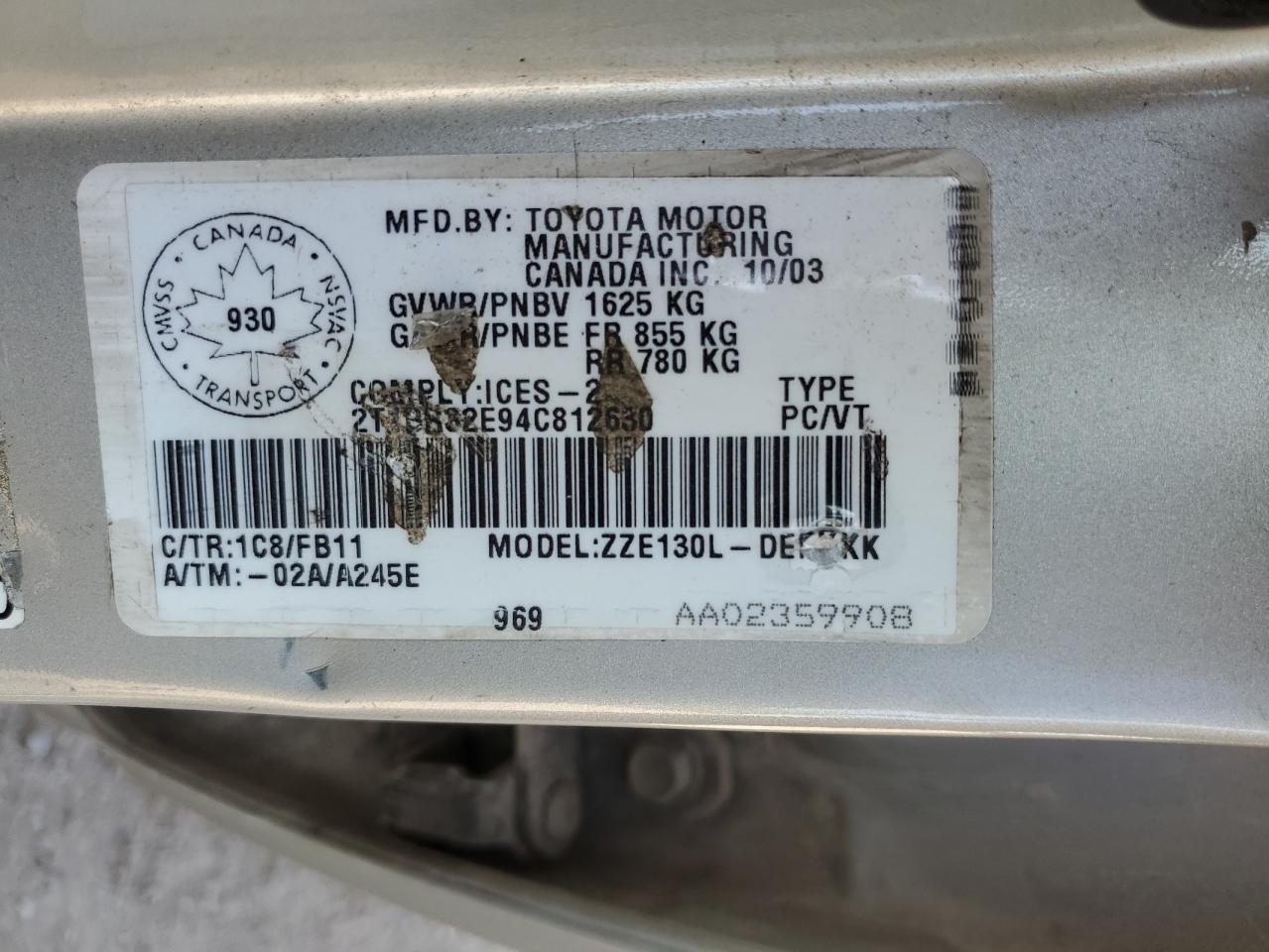 2004 Toyota Corolla Ce VIN: 2T1BR32E94C812630 Lot: 71513275