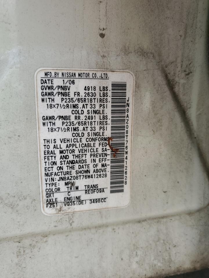 2006 Nissan Murano Sl VIN: JN8AZ08T76W412628 Lot: 83854645
