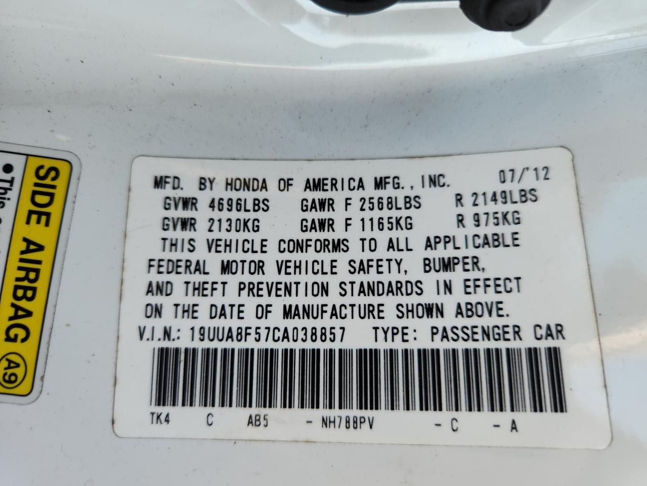 2012 Acura Tl VIN: 19UUA8F57CA038857 Lot: 80792945