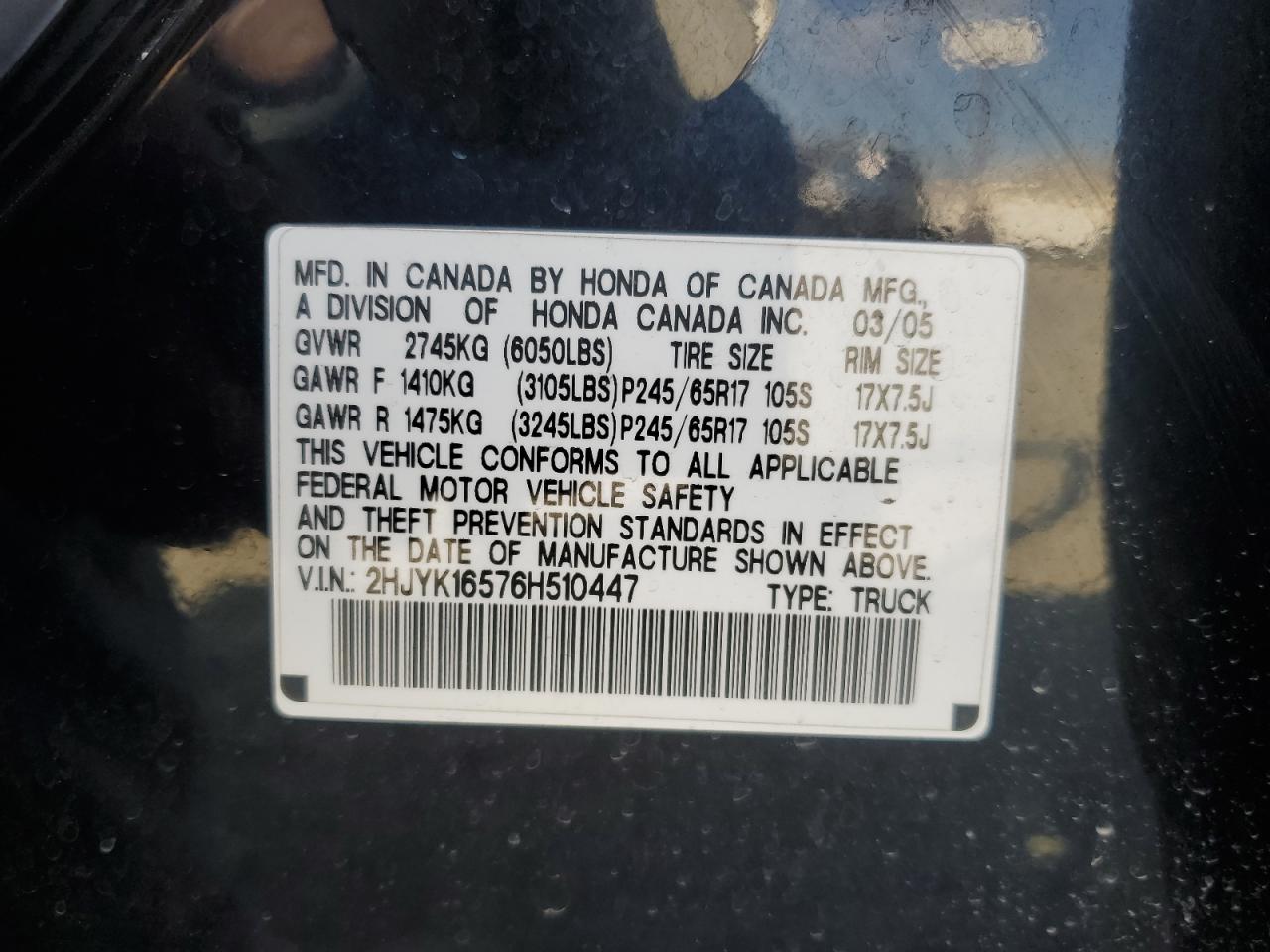 2006 Honda Ridgeline Rtl VIN: 2HJYK16576H510447 Lot: 81461685