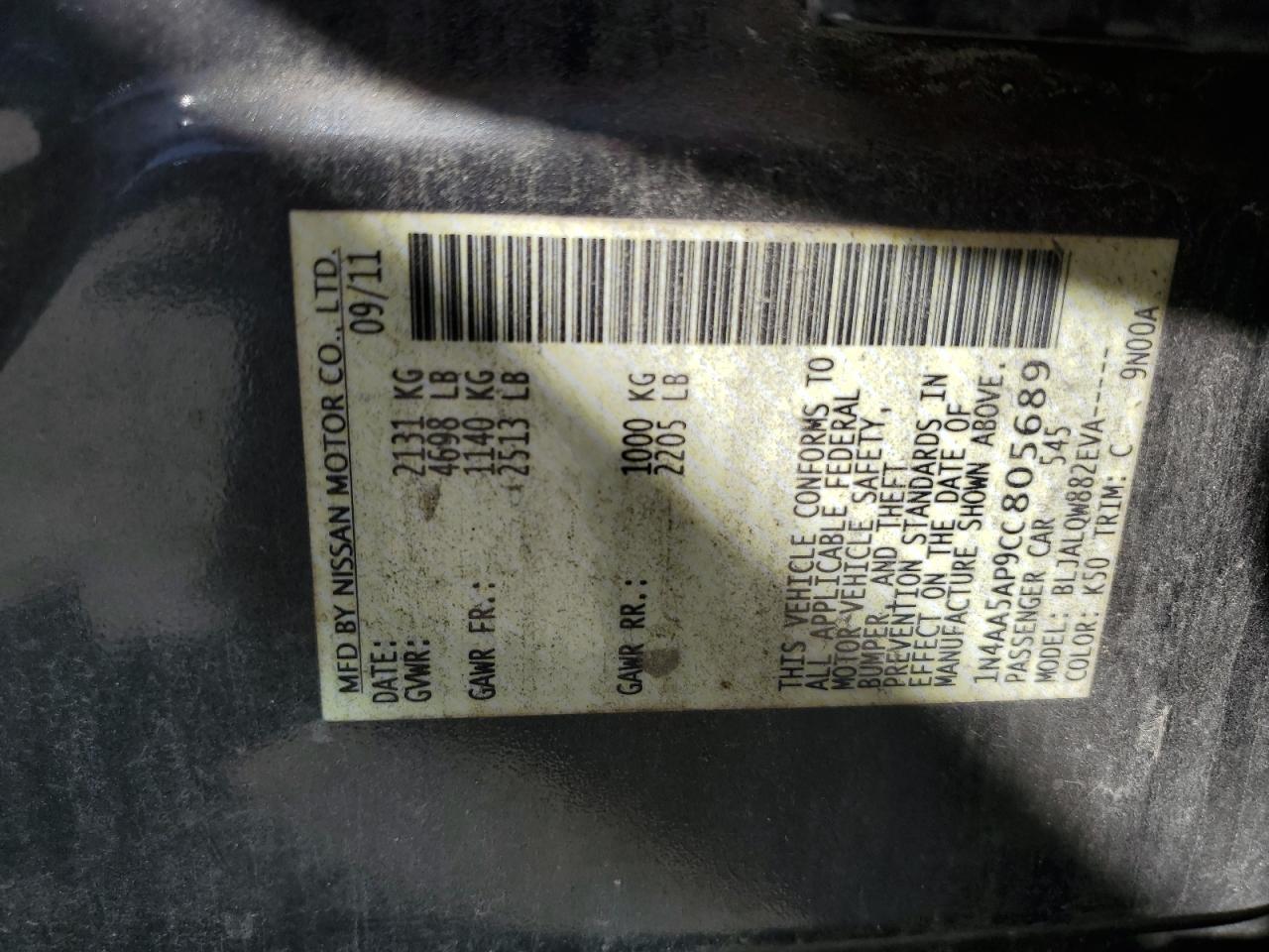 2012 Nissan Maxima S VIN: 1N4AA5AP9CC805689 Lot: 81394305