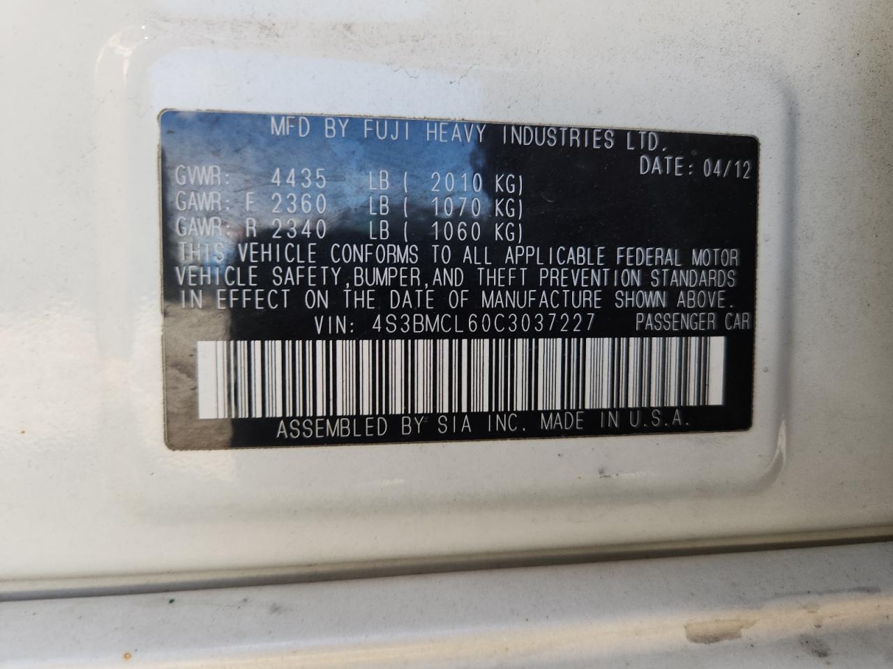 2012 Subaru Legacy 2.5I Limited VIN: 4S3BMCL60C3037227 Lot: 80314825