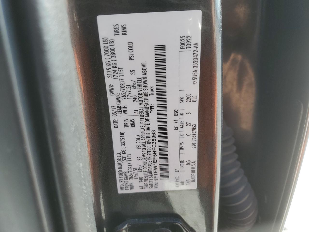 2017 Ford F150 Supercrew VIN: 1FTEW1EF5HFC35963 Lot: 71554445