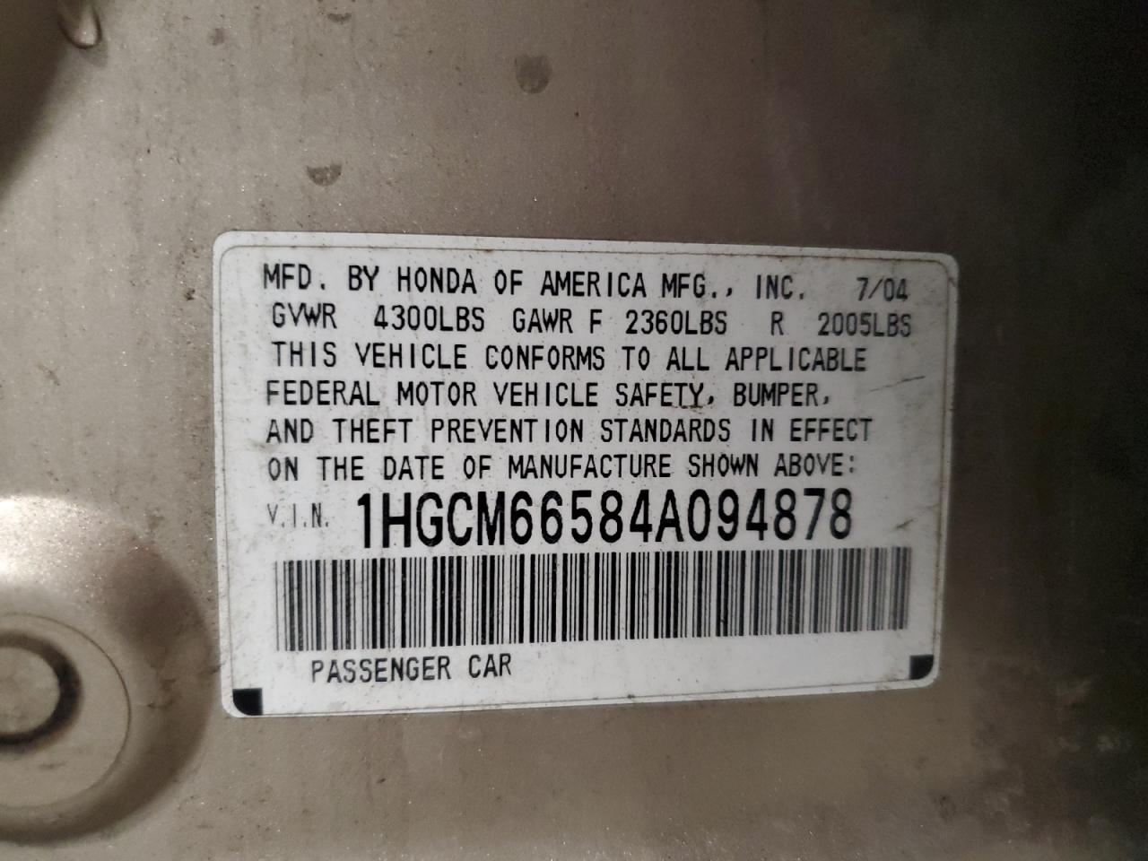 2004 Honda Accord Ex VIN: 1HGCM66584A094878 Lot: 81675525