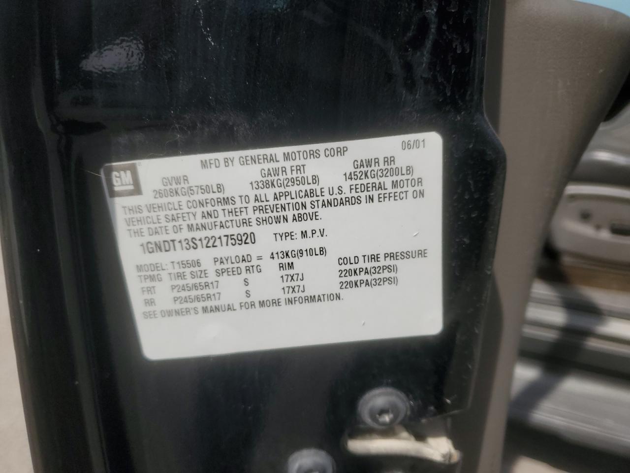 2002 Chevrolet Trailblazer VIN: 1GNDT13S122175920 Lot: 80013565