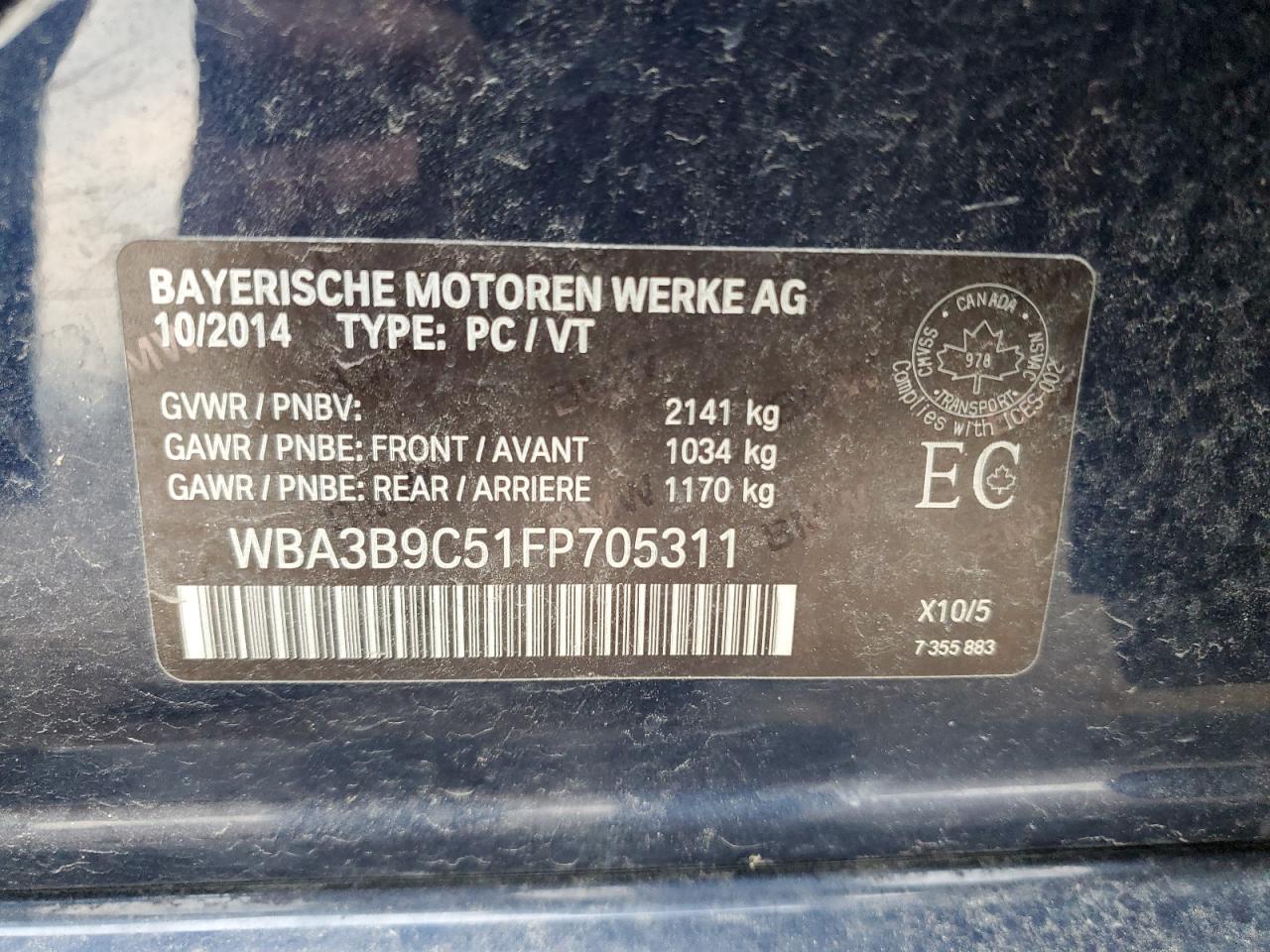 2015 BMW 335 Xi VIN: WBA3B9C51FP705311 Lot: 71154505