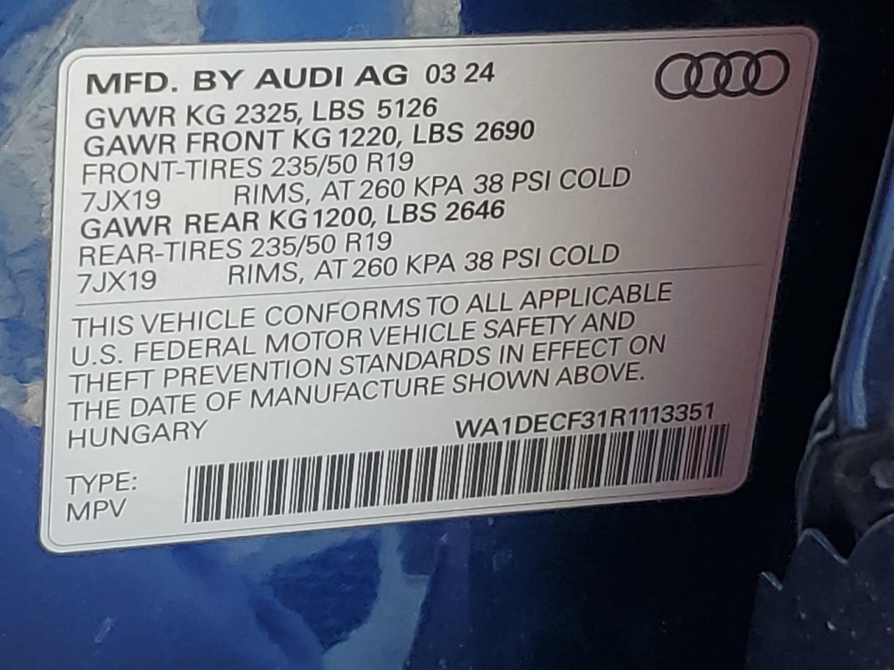 2024 Audi Q3 Premium S Line 45 VIN: WA1DECF31R1113351 Lot: 80916665