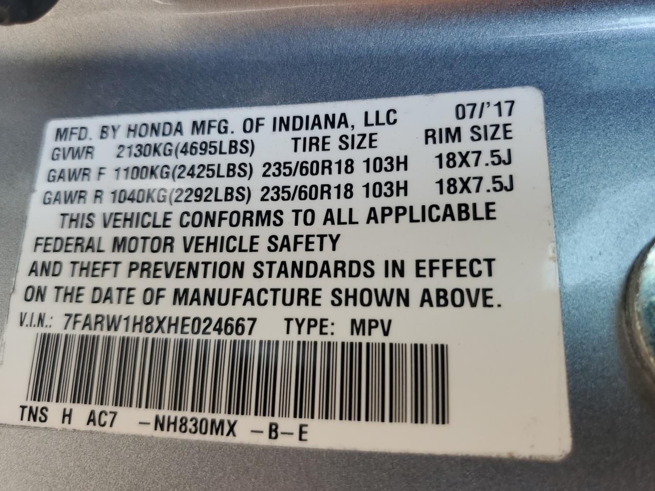 2017 Honda Cr-V Exl VIN: 7FARW1H8XHE024667 Lot: 81085315