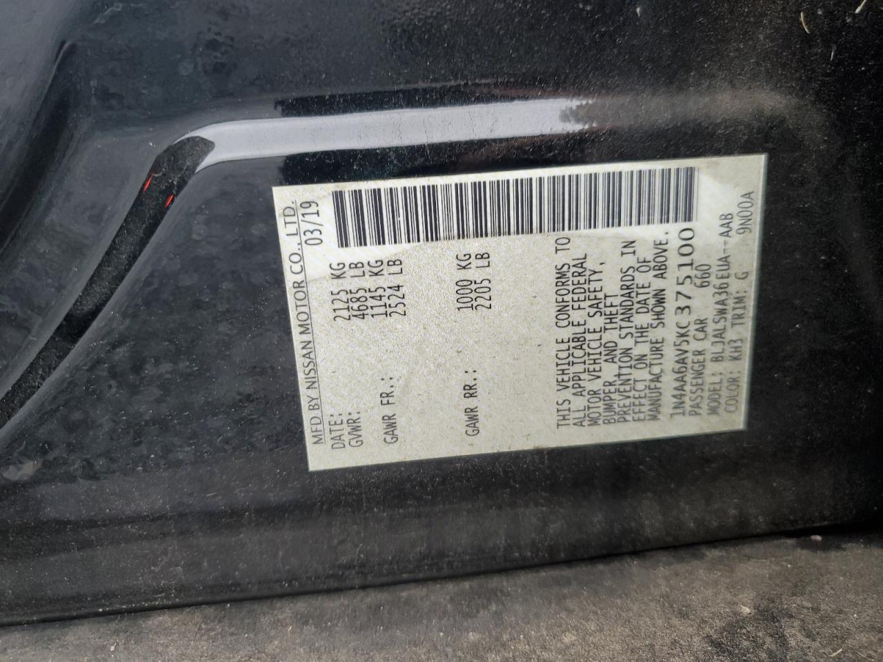2019 Nissan Maxima S VIN: 1N4AA6AV5KC375100 Lot: 81874625