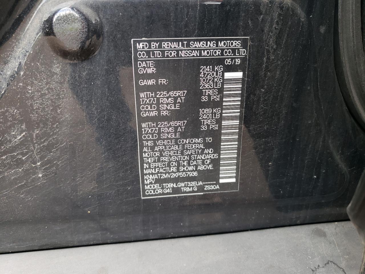 2019 Nissan Rogue S VIN: KNMAT2MV2KP557936 Lot: 83752785