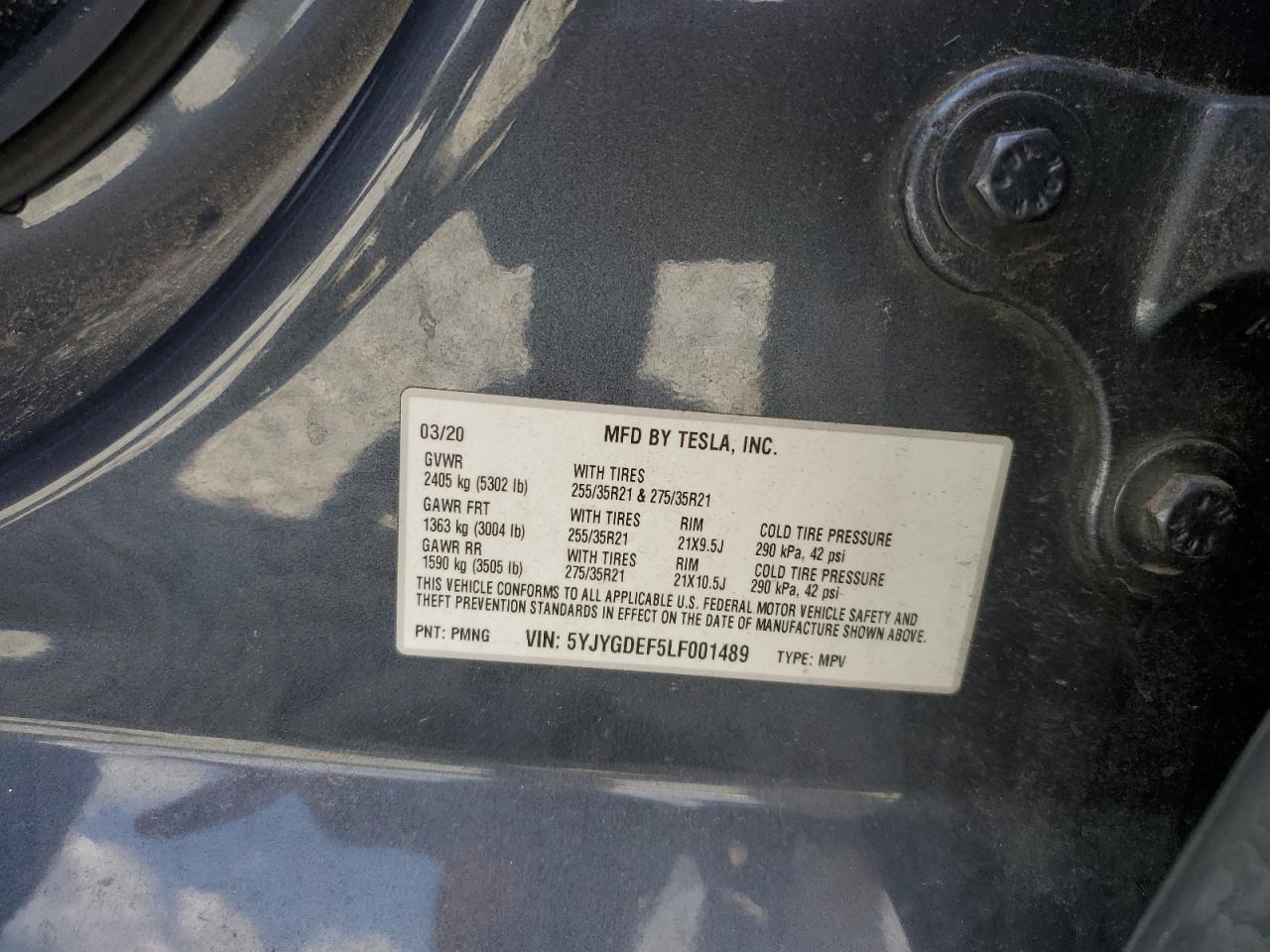 2020 Tesla Model Y VIN: 5YJYGDEF5LF001489 Lot: 80558805