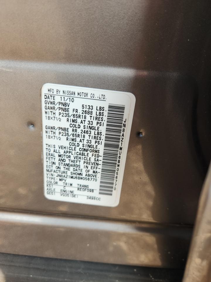 2011 Nissan Murano S VIN: JN8AZ1MU6BW056770 Lot: 71992165