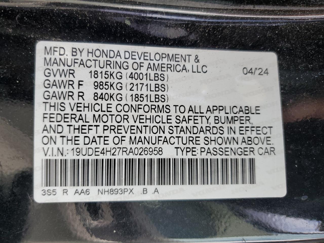 2024 Acura Integra VIN: 19UDE4H27RA026958 Lot: 80612035