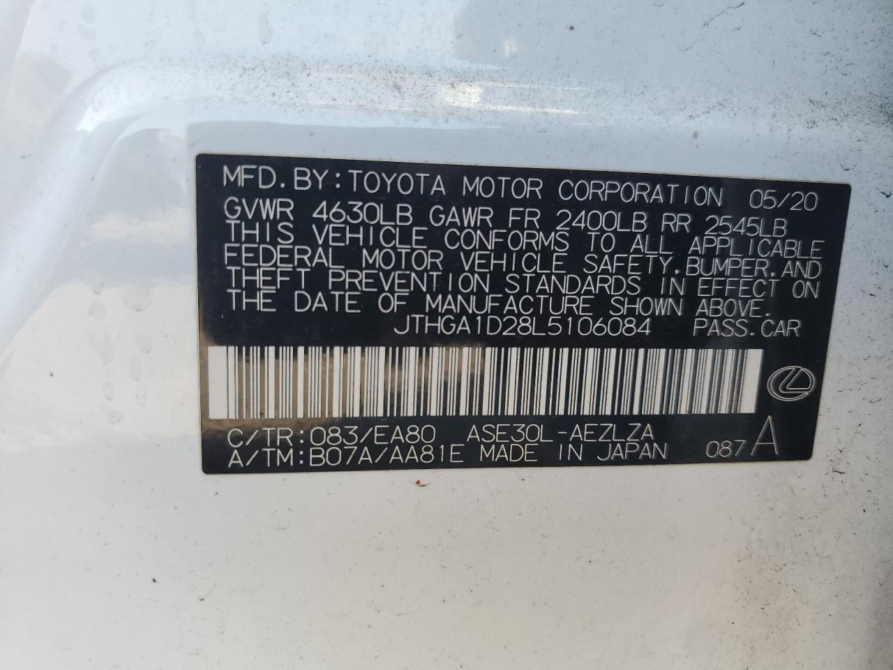 2020 Lexus Is 300 F Sport VIN: JTHGA1D28L5106084 Lot: 71877915