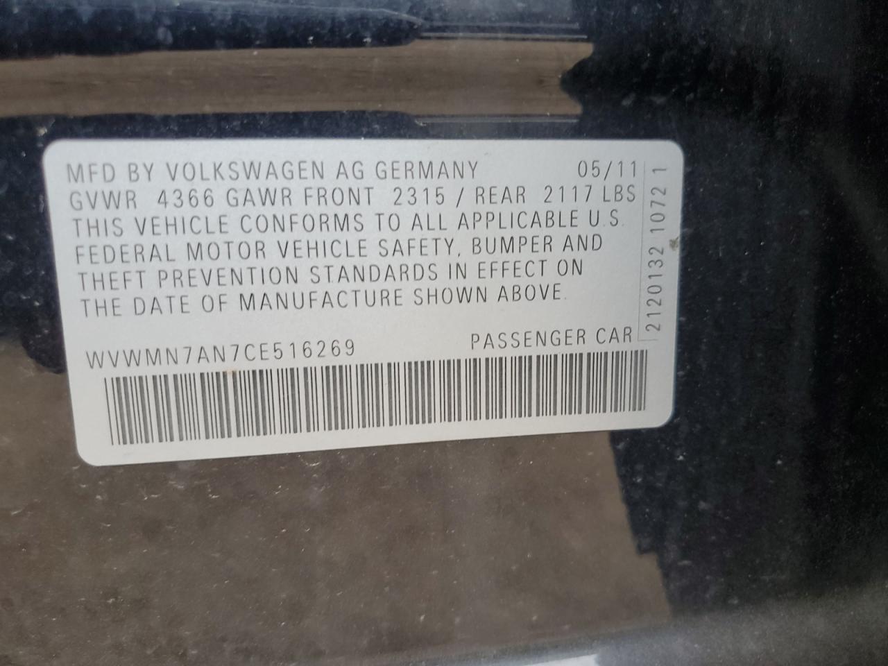 2012 Volkswagen Cc Sport VIN: WVWMN7AN7CE516269 Lot: 81387485