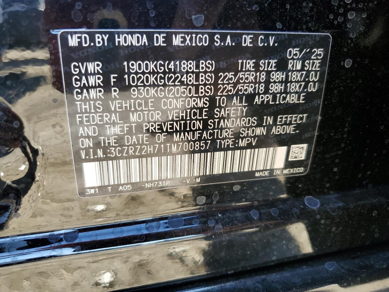 2026 Honda Hr-V Exl VIN: 3CZRZ2H71TM700857 Lot: 83995865