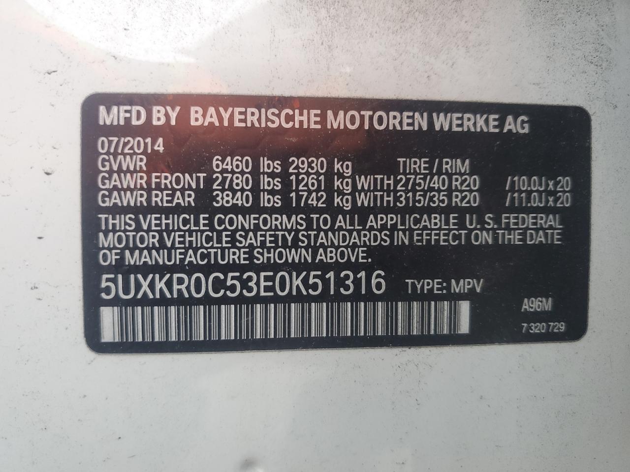 2014 BMW X5 xDrive35I VIN: 5UXKR0C53E0K51316 Lot: 70539865