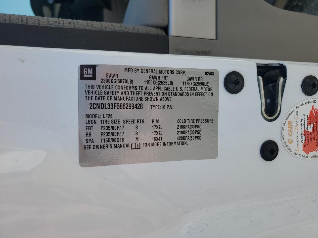 2008 Chevrolet Equinox Lt VIN: 2CNDL33F586299428 Lot: 81463285