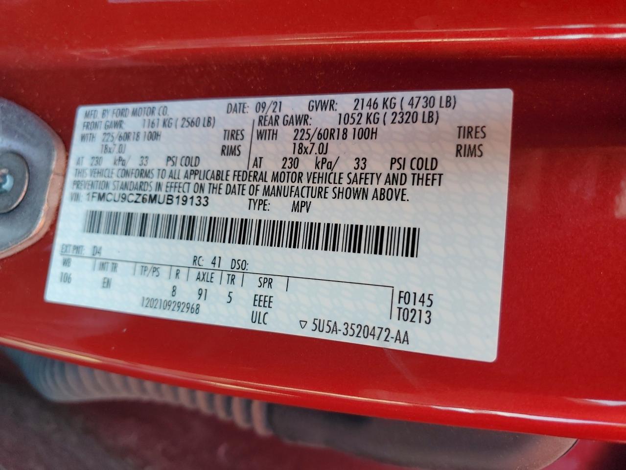 2021 Ford Escape Sel VIN: 1FMCU9CZ6MUB19133 Lot: 80954495