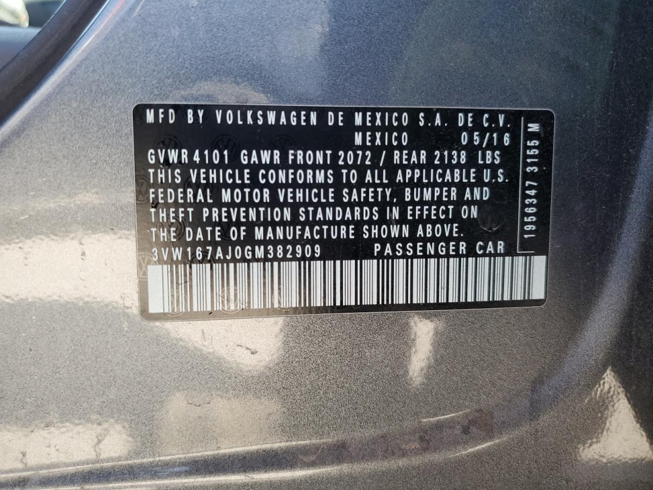 2016 Volkswagen Jetta S VIN: 3VW167AJ0GM382909 Lot: 81625935