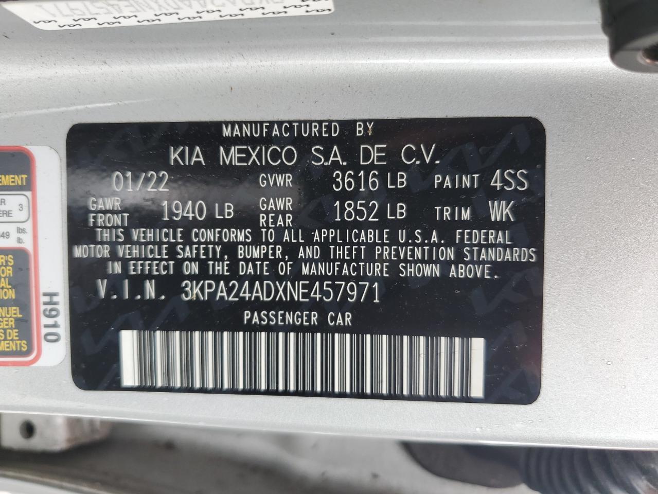 2022 Kia Rio Lx VIN: 3KPA24ADXNE457971 Lot: 80113705