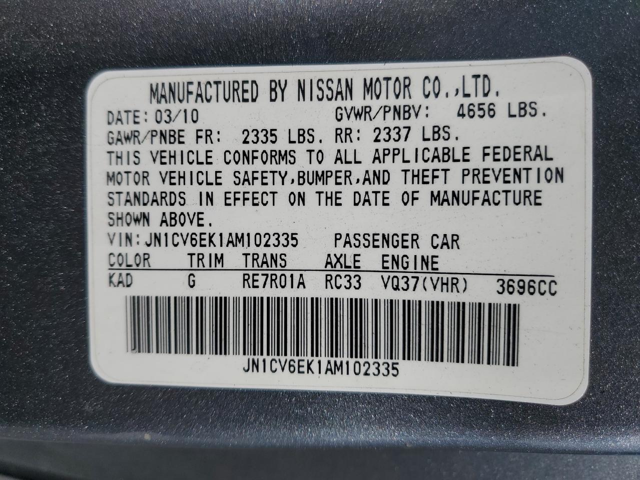 2010 Infiniti G37 Base VIN: JN1CV6EK1AM102335 Lot: 71811685