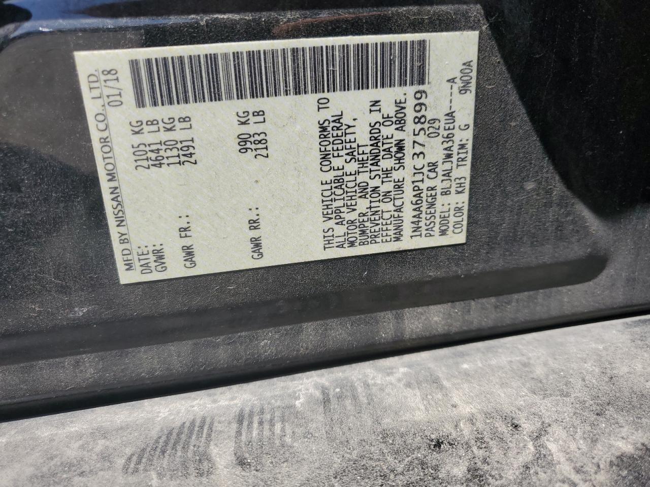 2018 Nissan Maxima 3.5S VIN: 1N4AA6AP1JC375899 Lot: 71893405