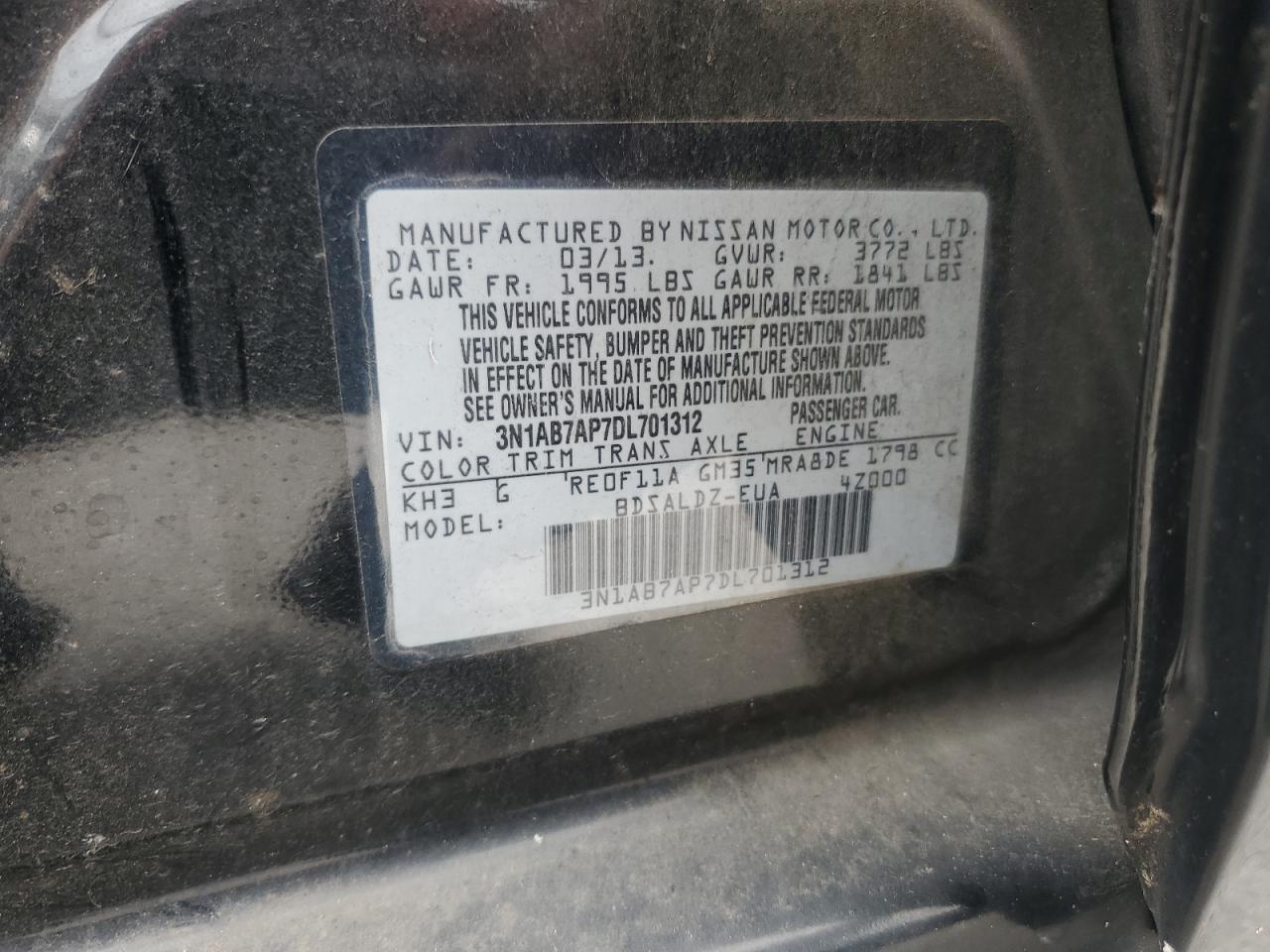 2013 Nissan Sentra S VIN: 3N1AB7AP7DL701312 Lot: 82147585