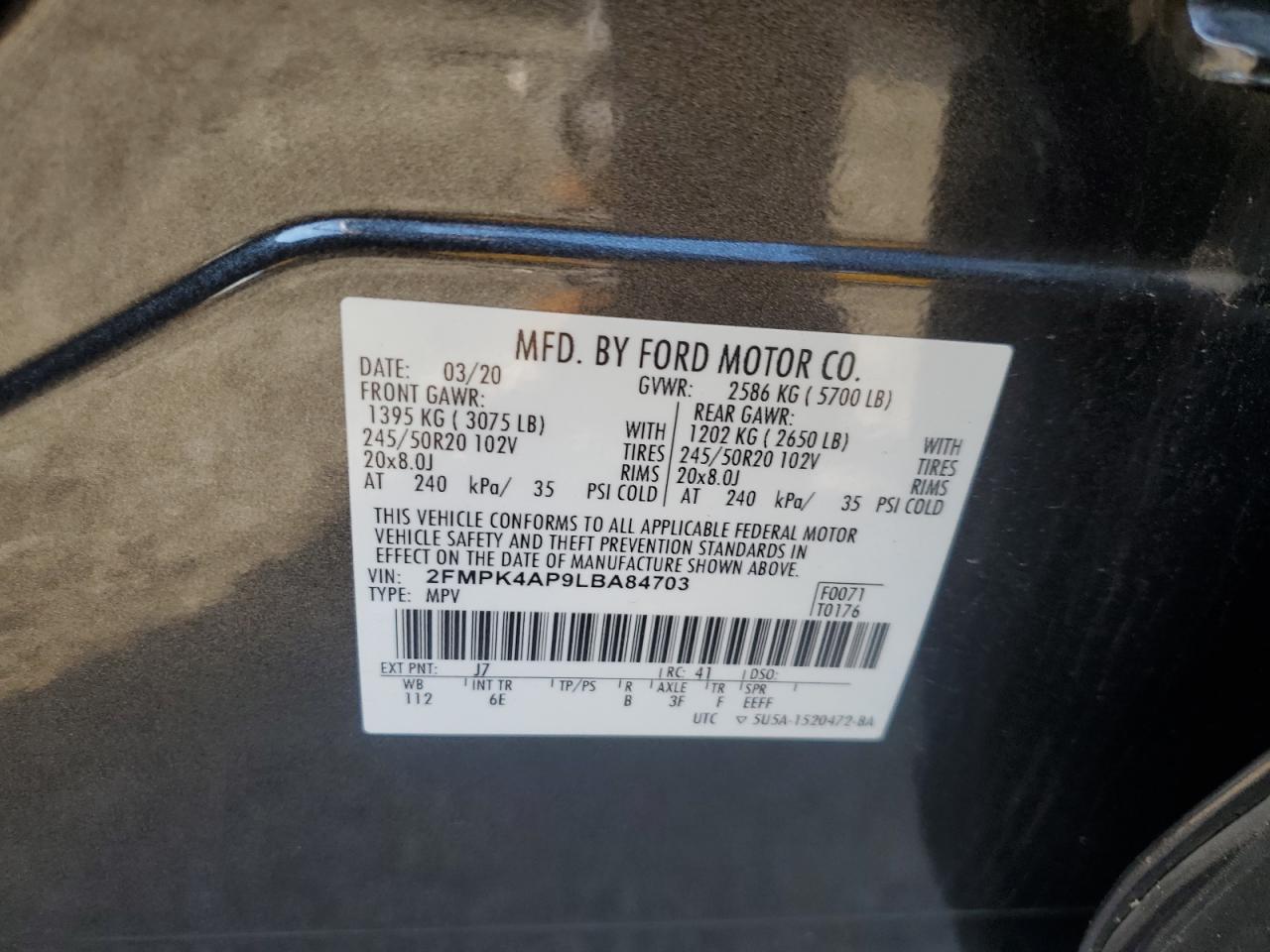 2020 Ford Edge St VIN: 2FMPK4AP9LBA84703 Lot: 71066275