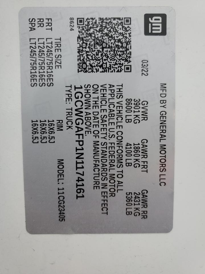 2022 Chevrolet Express G2500 VIN: 1GCWGAFP1N1174161 Lot: 94396585