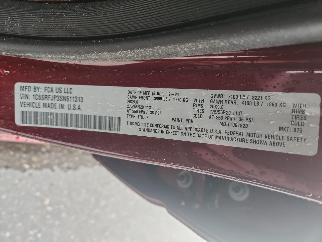 2025 Ram 1500 Laramie VIN: 1C6SRFJP3SN611313 Lot: 84406075