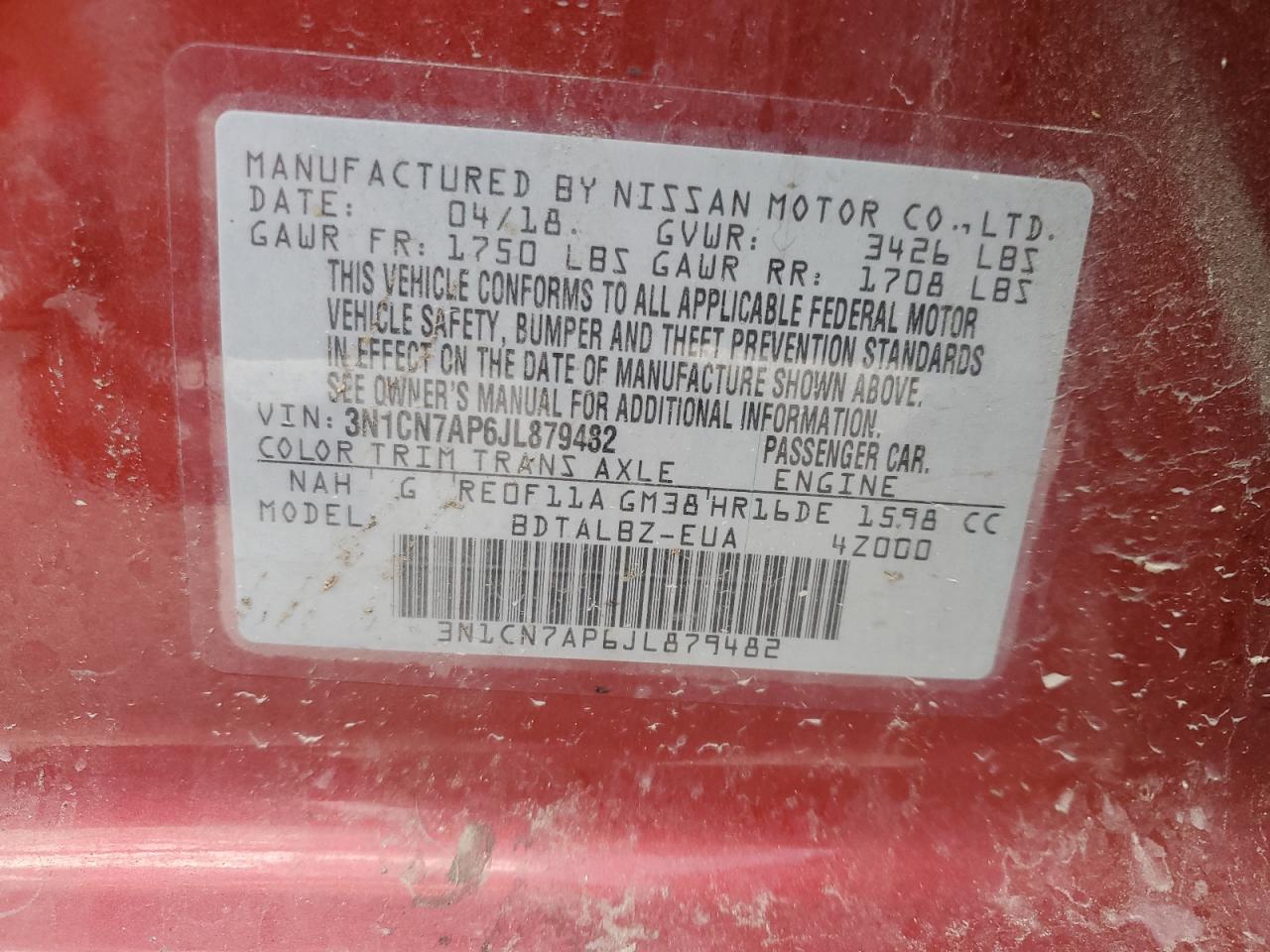 2018 Nissan Versa S VIN: 3N1CN7AP6JL879482 Lot: 80194745