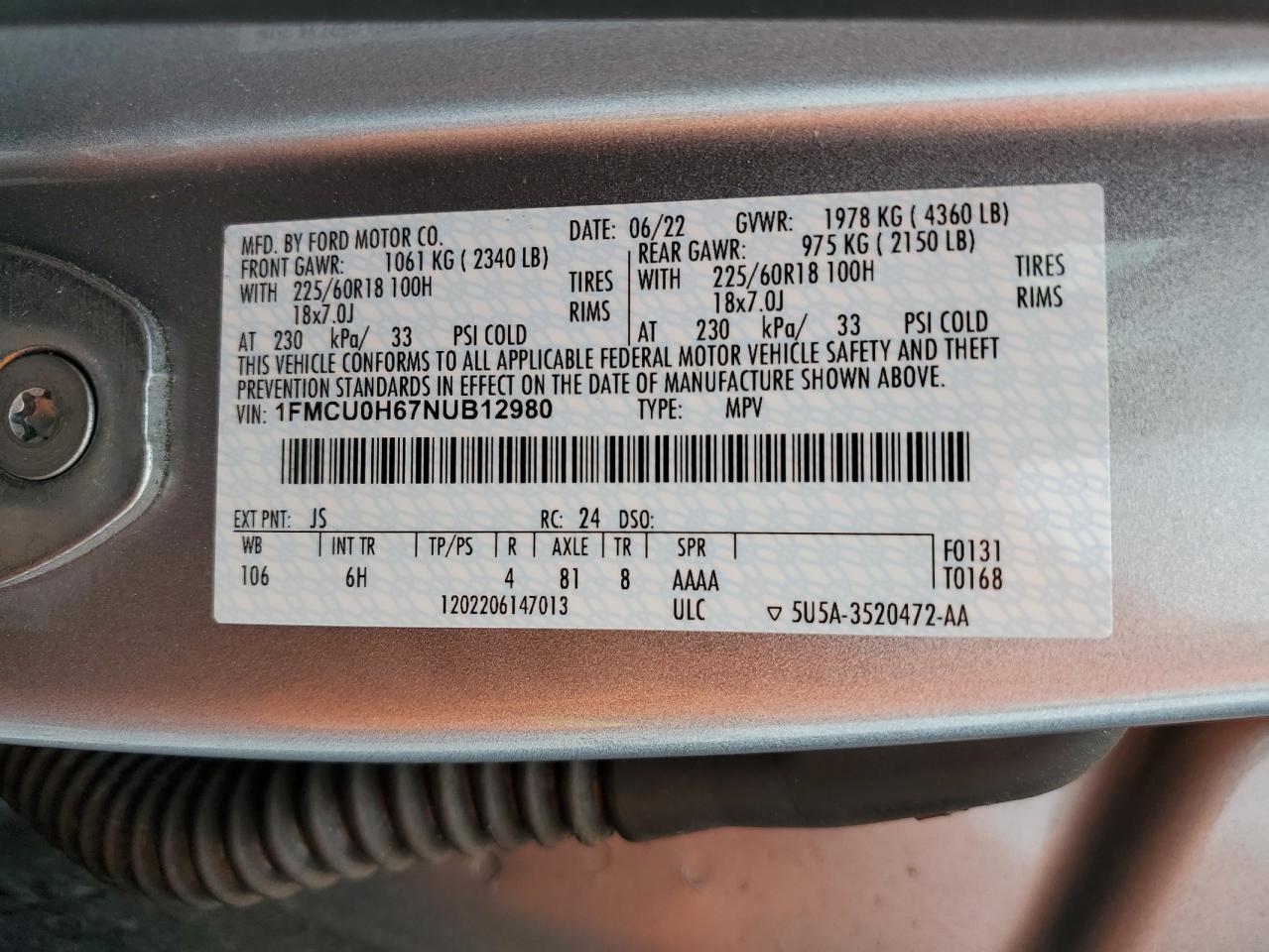 2022 Ford Escape Sel VIN: 1FMCU0H67NUB12980 Lot: 81032335