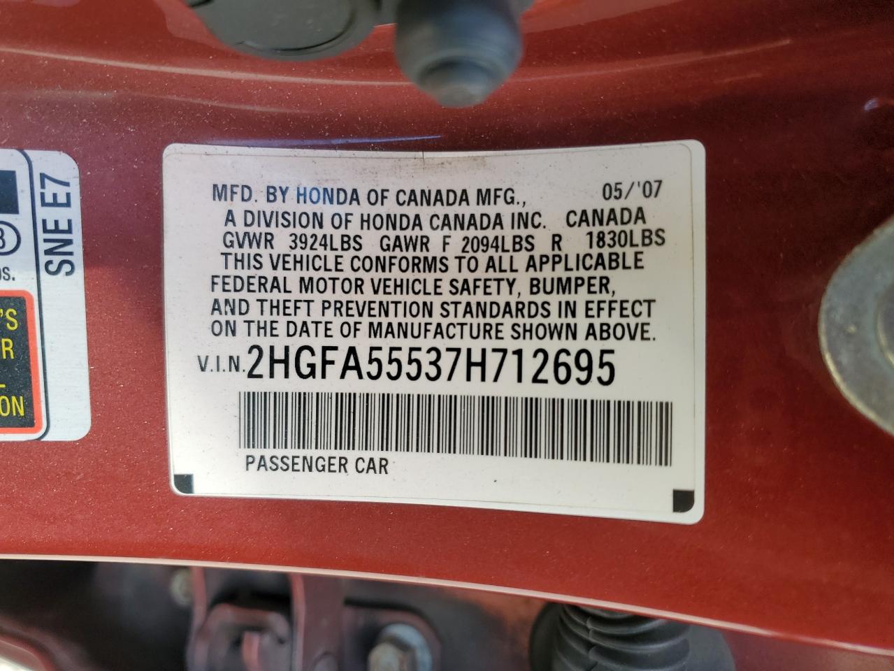 2007 Honda Civic Si VIN: 2HGFA55537H712695 Lot: 81198985