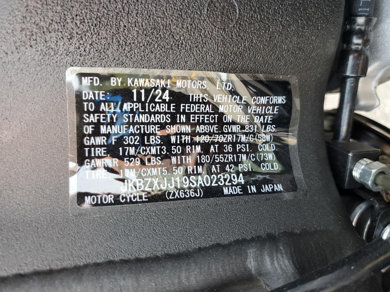2025 Kawasaki Zx636 K VIN: JKBZXJJ19SA023294 Lot: 83937815