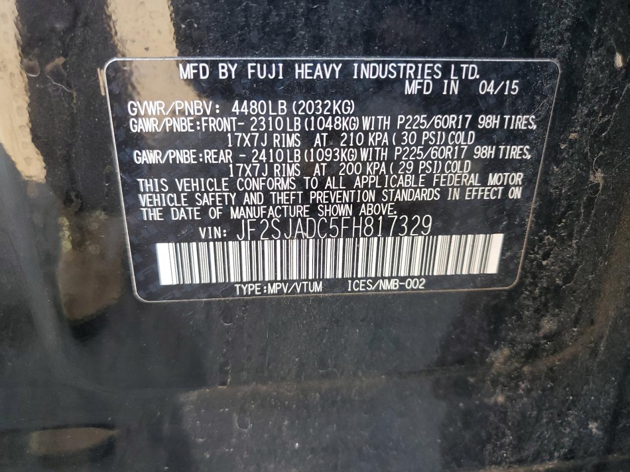 2015 Subaru Forester 2.5I Premium VIN: JF2SJADC5FH817329 Lot: 81146595