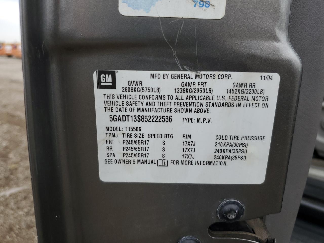 2005 Buick Rainier Cxl VIN: 5GADT13S852222536 Lot: 81150155