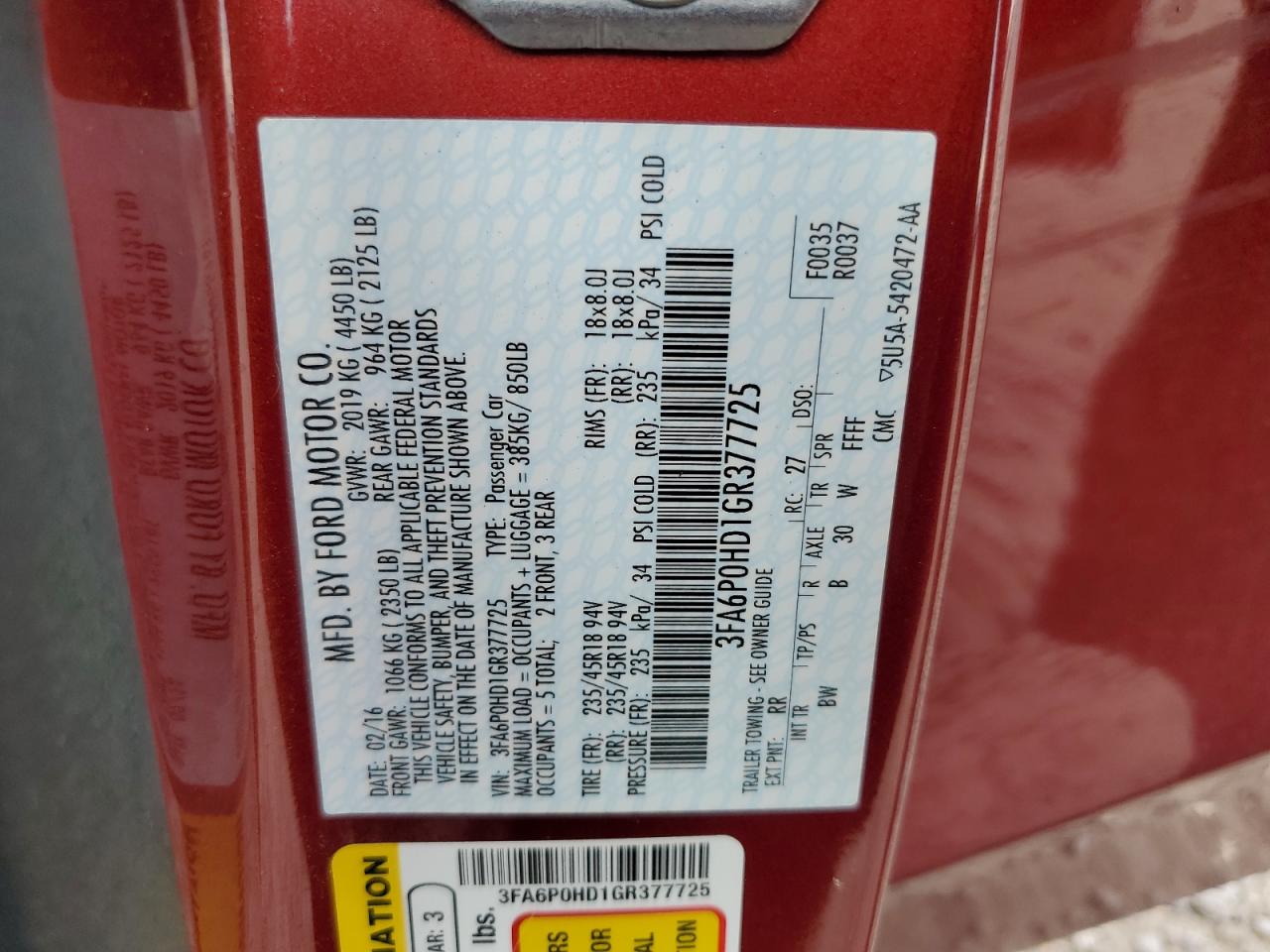 2016 Ford Fusion Se VIN: 3FA6P0HD1GR377725 Lot: 84242525