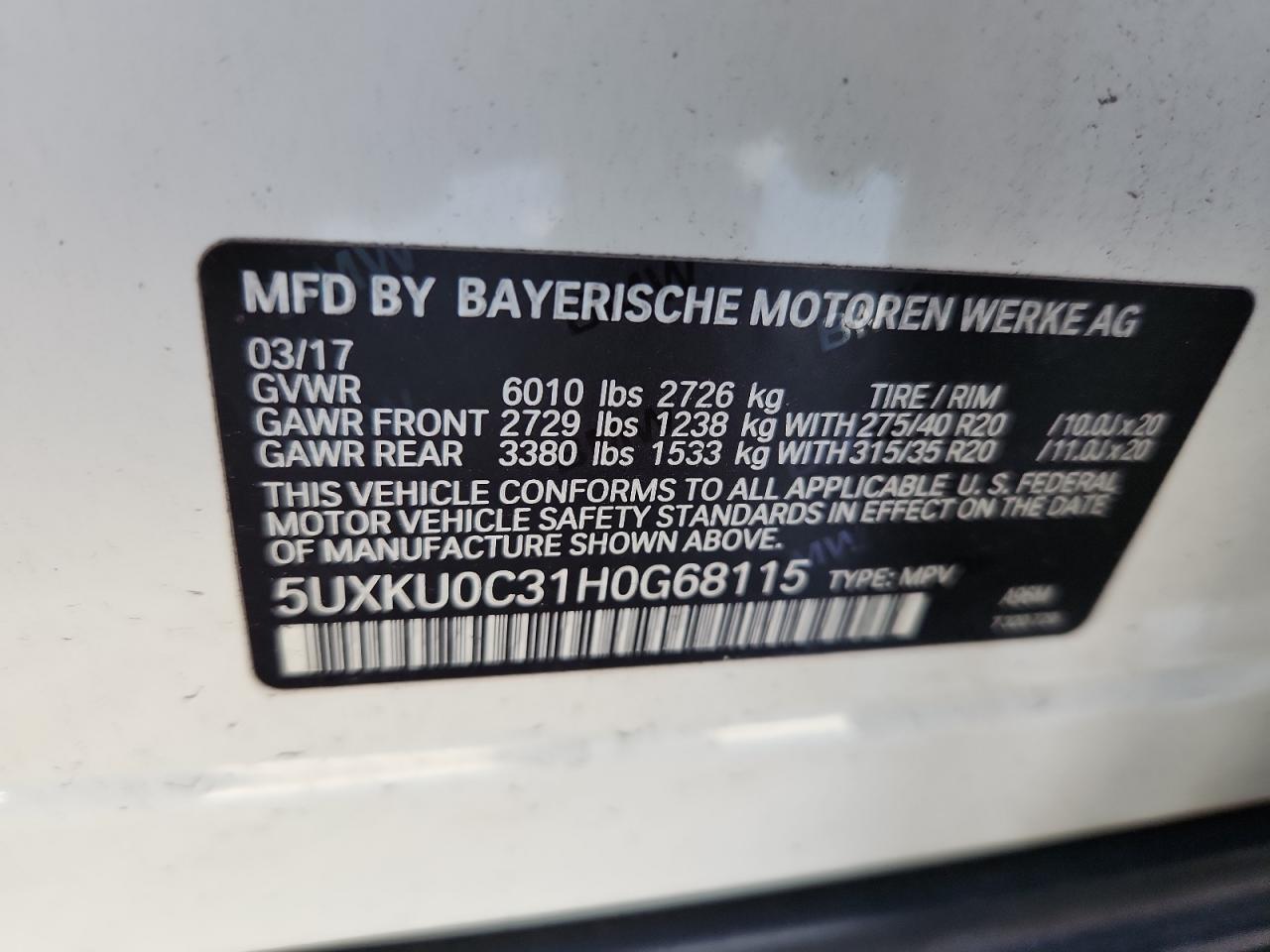 2017 BMW X6 Sdrive35I VIN: 5UXKU0C31H0G68115 Lot: 80142175