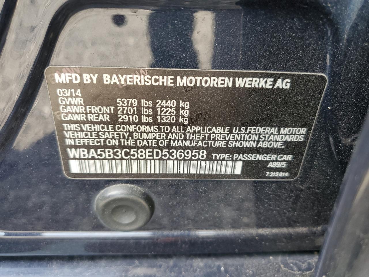 2014 BMW 535 Xi VIN: WBA5B3C58ED536958 Lot: 72045435